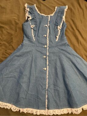 Sleeveless Blue Denim Lace-Trim Casual Dress